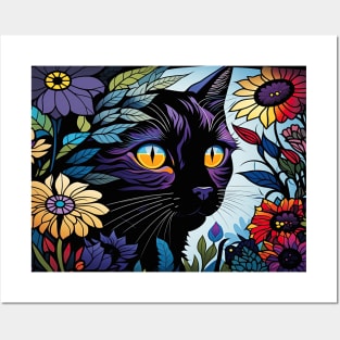 Black Cat in the Flowers Posters and Art